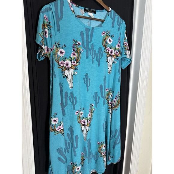 Lucky &‎ Blessed Blue Western Country Dress w/Pockets size M Boho Eclectic Art - Picture 1 of 5